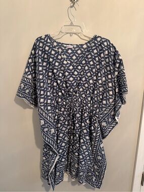 Navy and White Printed V-Neck Drawstring Tunic